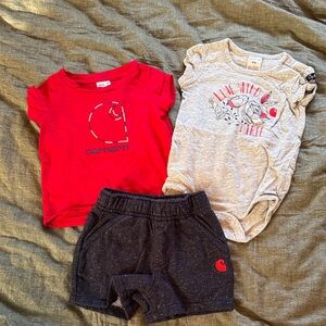 Carhartt Red Tee, Gray Floral Bodysuit & Navy Speckled Shorts Set